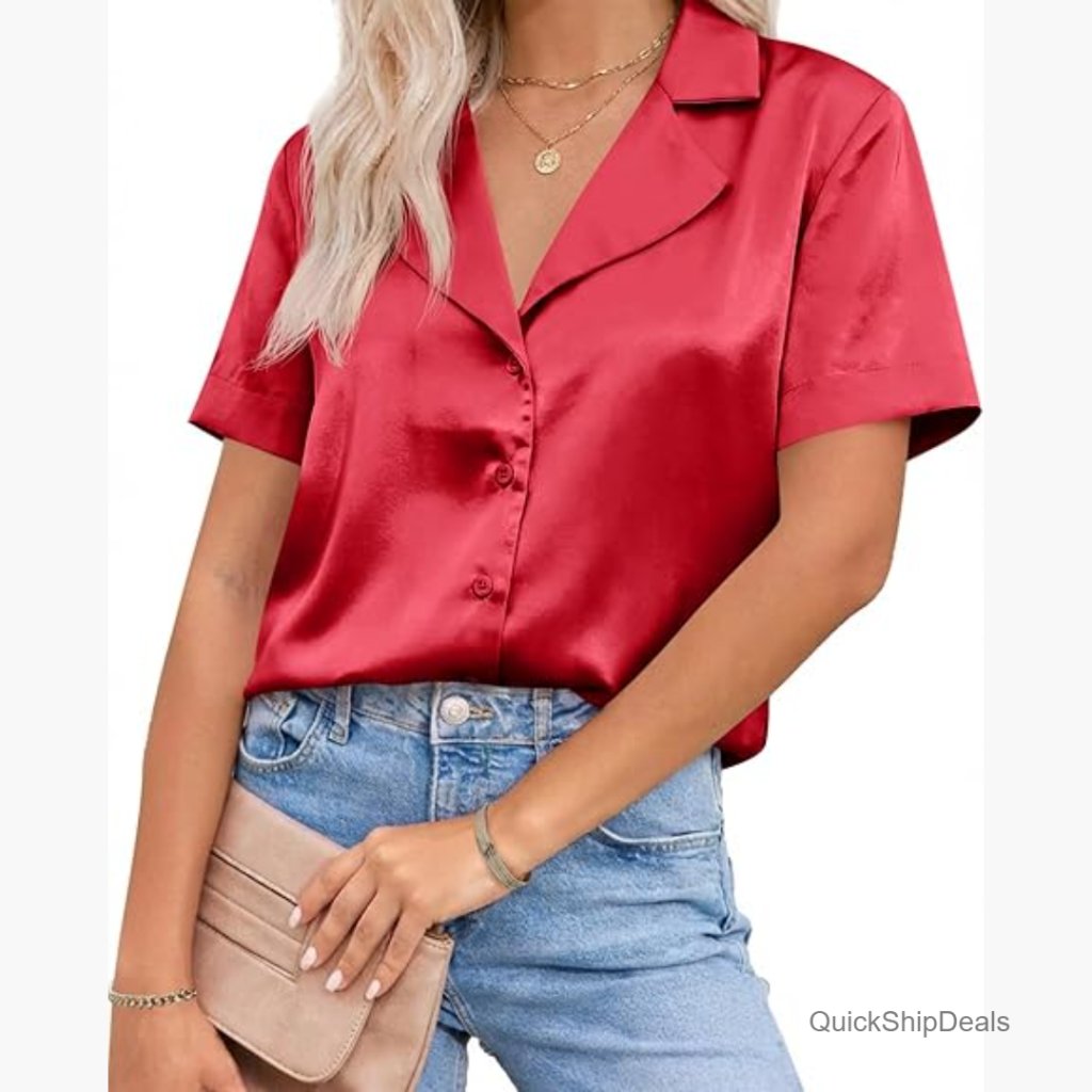 Satin Button Down Shirt Short Sleeve V Neck Loose Fit Blouse